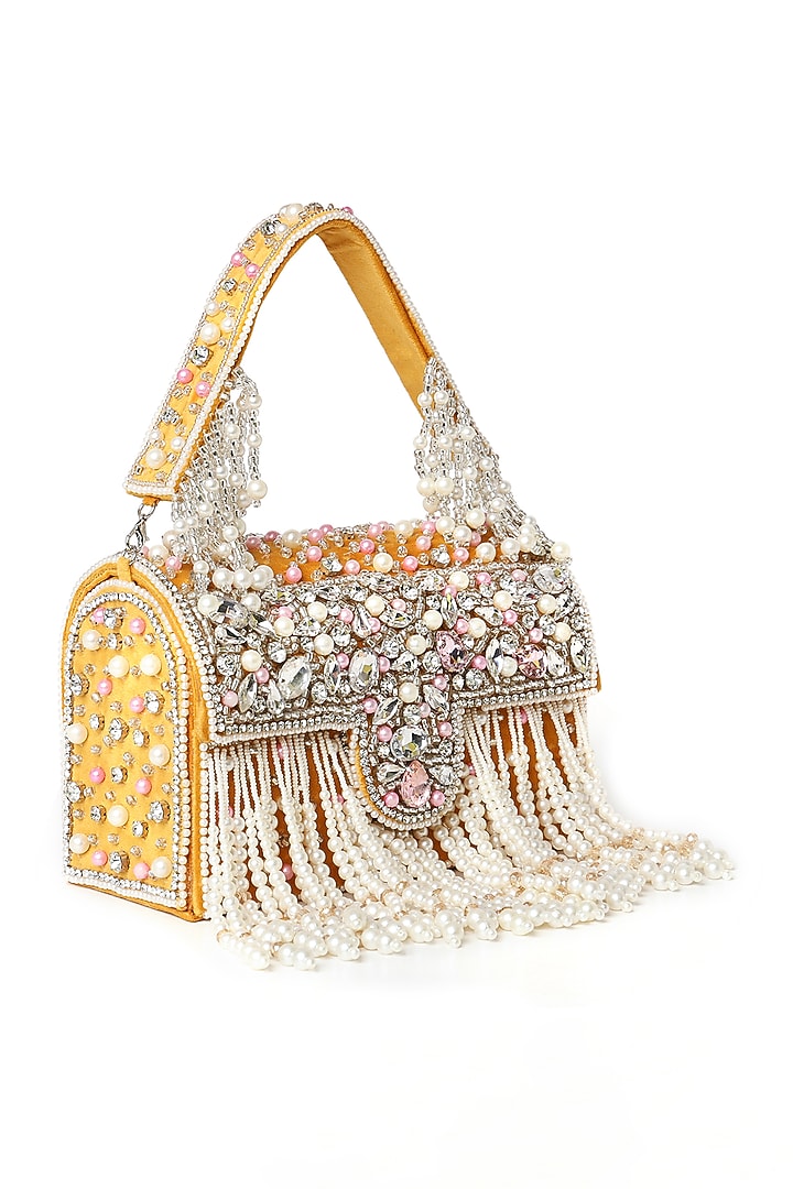 Yellow Suede Pearl Embellished Box Clutch by House of Webhin at Pernia's Pop Up Shop