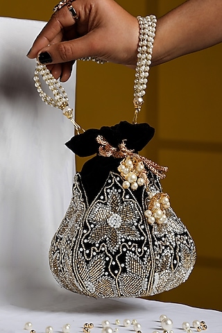 Black Velvet Cutdana Embellished Potli by House of Webhin