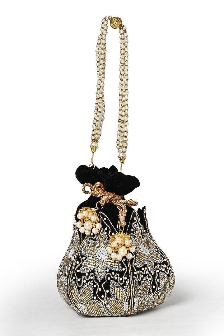 Black Velvet Cutdana Embellished Potli by House of Webhin at Pernia's Pop Up Shop