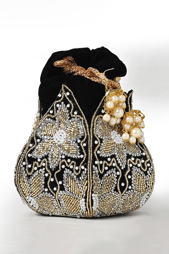 Black Velvet Cutdana Embellished Potli by House of Webhin at Pernia's Pop Up Shop