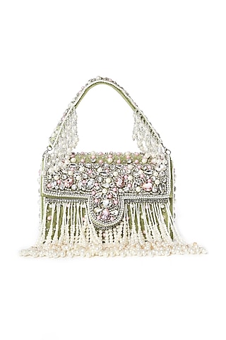 Mint Green Suede Pearl & Stone Work Box Clutch by House of Webhin