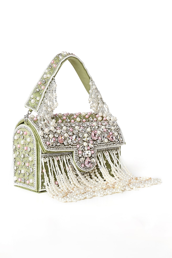 Mint Green Suede Pearl & Stone Work Box Clutch by House of Webhin at Pernia's Pop Up Shop