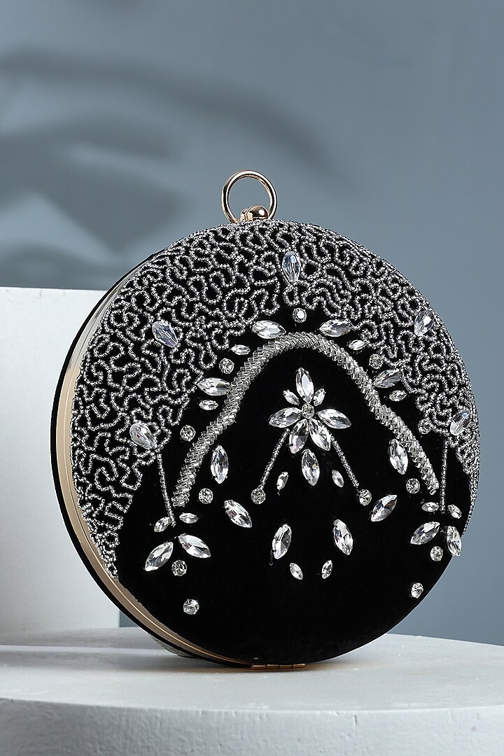 Black Velvet Silver Stone Work Clutch by House of Webhin at Pernia's Pop Up Shop