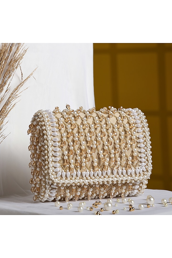 Beige Suede Pearl & Bead Work Flap Bag by House of Webhin at Pernia's Pop Up Shop