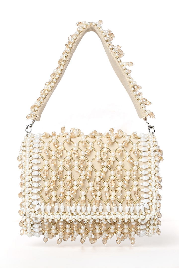 Beige Suede Pearl & Bead Work Flap Bag by House of Webhin at Pernia's Pop Up Shop