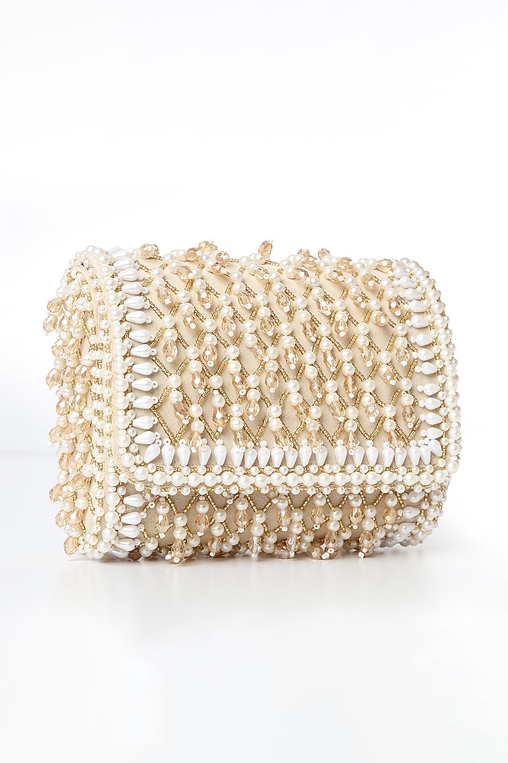 Beige Suede Pearl & Bead Work Flap Bag by House of Webhin at Pernia's Pop Up Shop