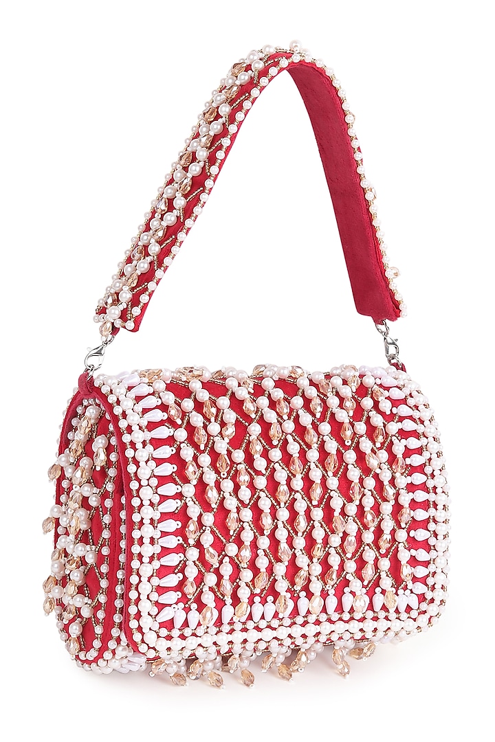 Red Suede Pearl Work Flap Bag by House of Webhin at Pernia's Pop Up Shop