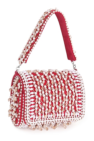 Red Suede Pearl Work Flap Bag by House of Webhin