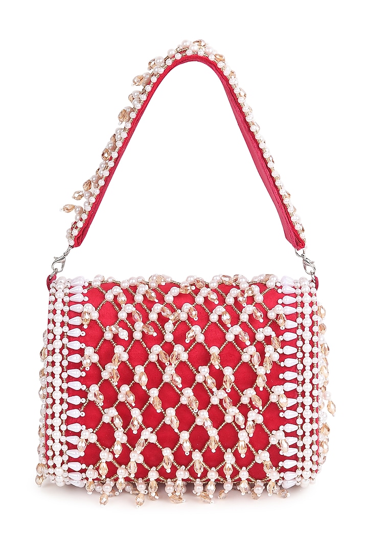 Red Suede Pearl Work Flap Bag by House of Webhin at Pernia's Pop Up Shop