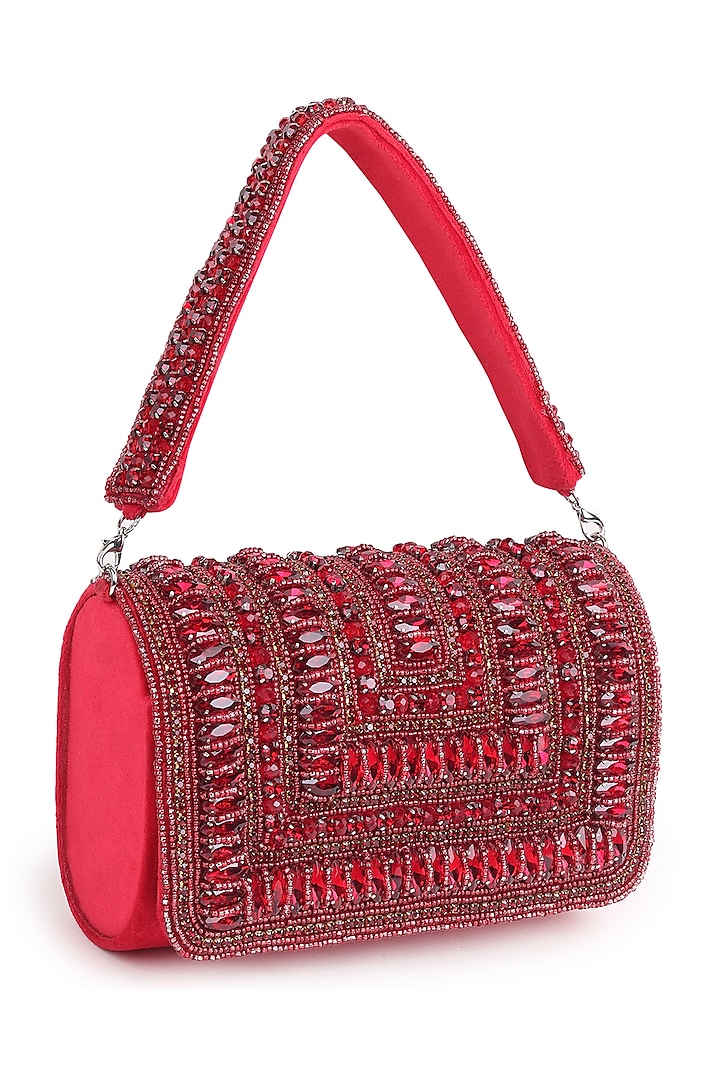 Red Suede Beaded Stone Work Flap Bag by House of Webhin at Pernia's Pop Up Shop