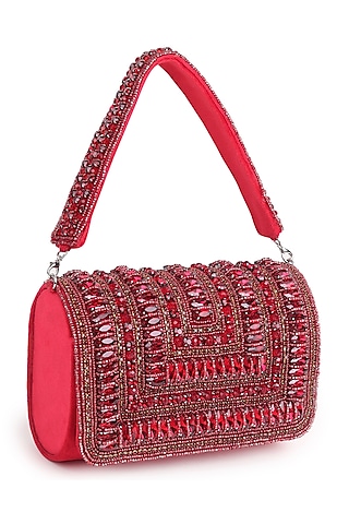 Red Suede Beaded Stone Work Flap Bag by House of Webhin