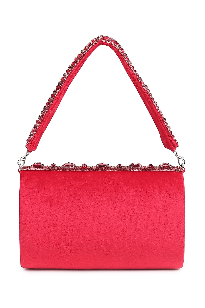Red Suede Beaded Stone Work Flap Bag by House of Webhin at Pernia's Pop Up Shop