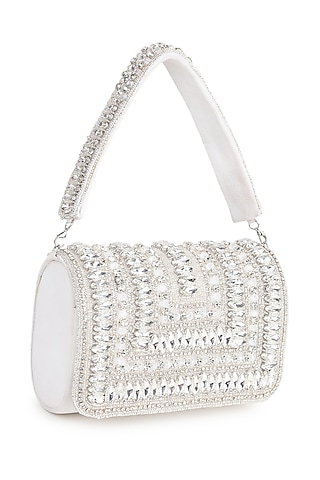White Suede Beaded Stone Work Flap Bag by House of Webhin