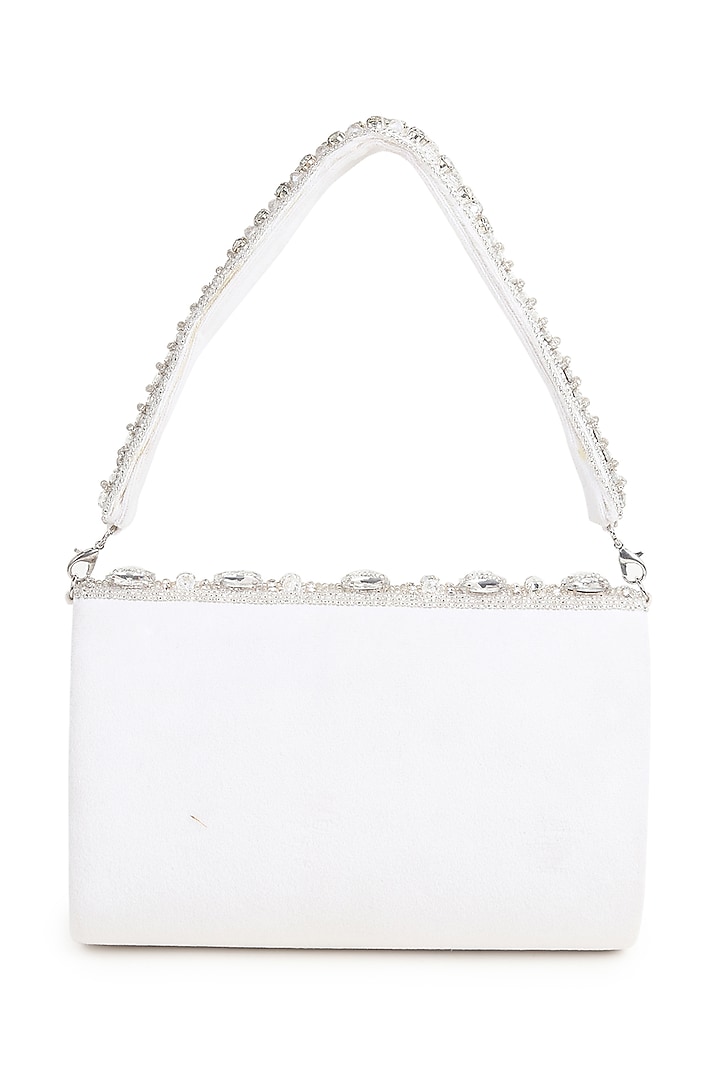 White Suede Beaded Stone Work Flap Bag by House of Webhin at Pernia's Pop Up Shop