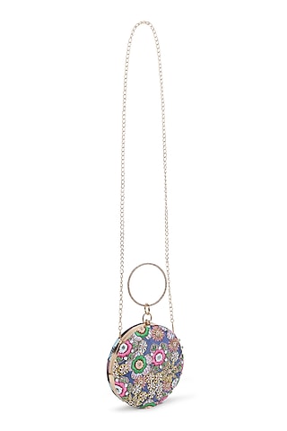 Blue Satin Printed & Thread Work Round Clutch by House of Webhin