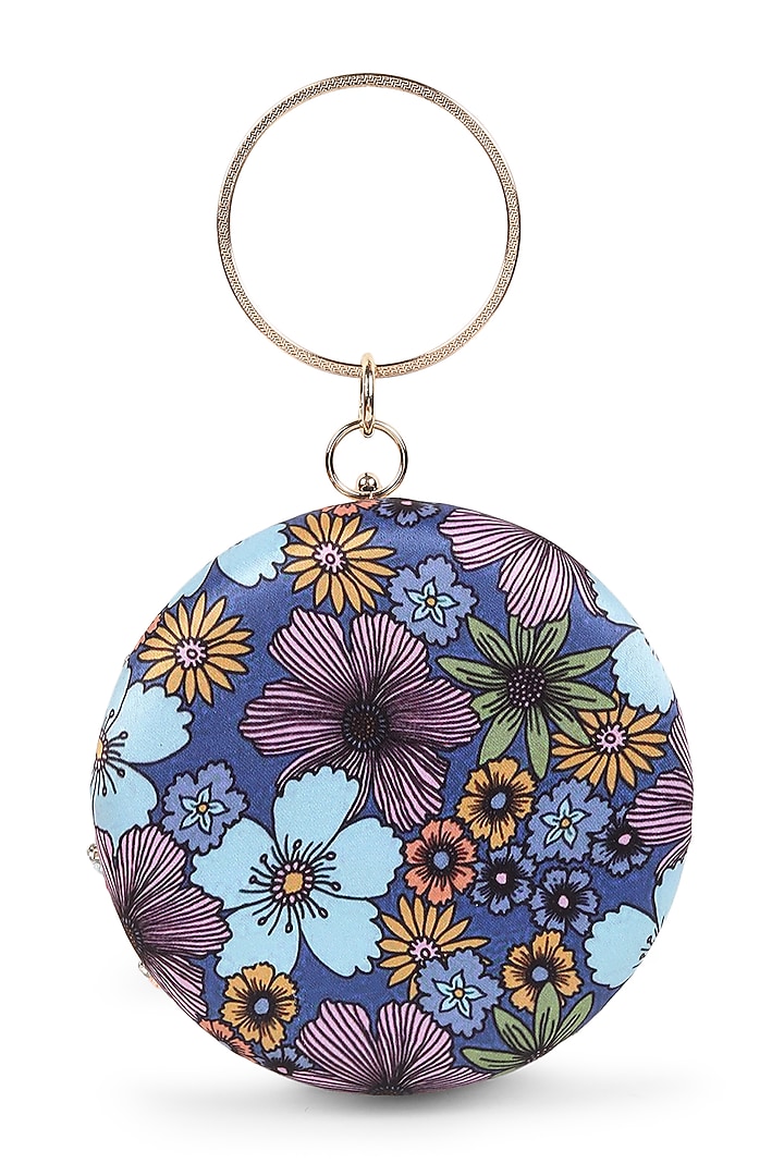 Blue Satin Printed & Thread Work Round Clutch by House of Webhin at Pernia's Pop Up Shop