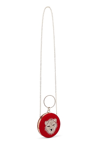 Red Velvet Tiger Zardosi Embroidered Clutch by House of Webhin