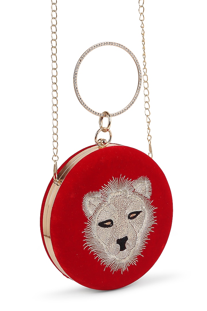 Red Velvet Tiger Zardosi Embroidered Clutch by House of Webhin at Pernia's Pop Up Shop