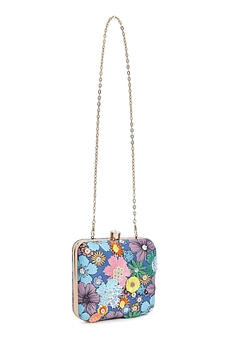 Blue Satin Printed & Sequins Work Clutch by House of Webhin