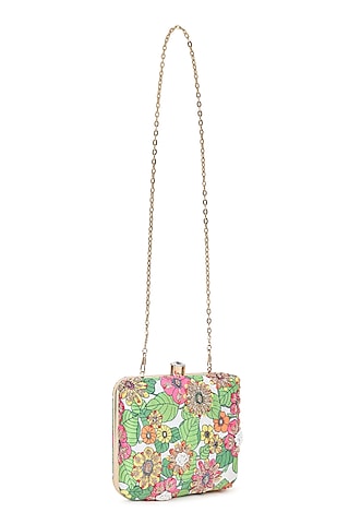 Green Satin Leaf Printed Square Clutch by House of Webhin