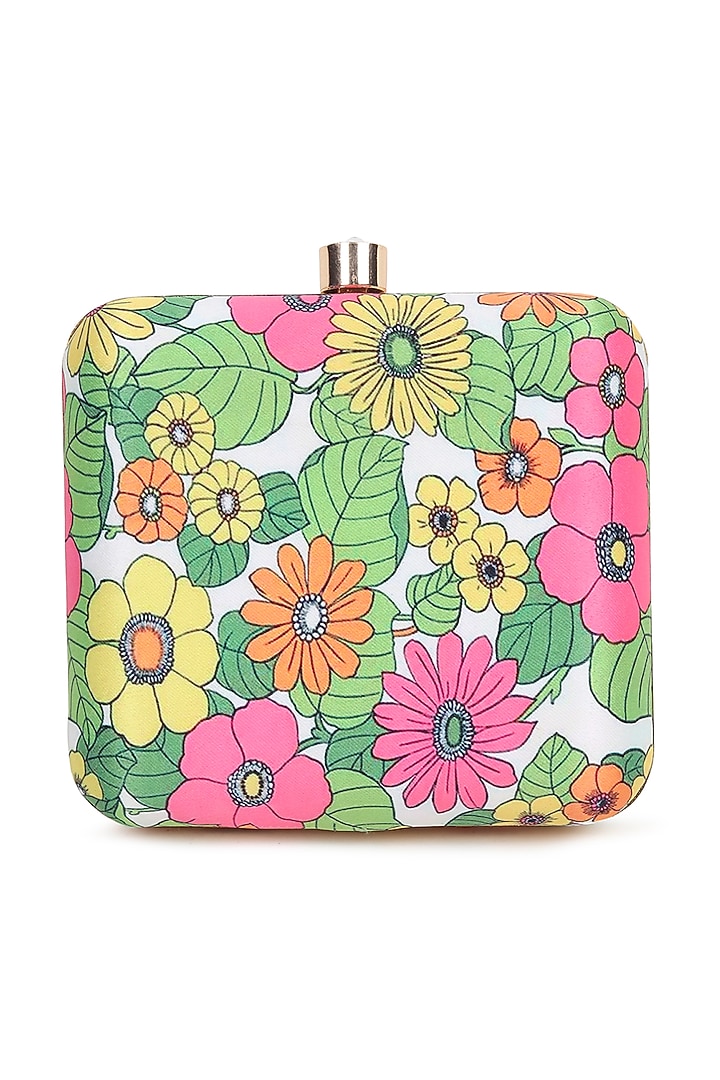 Green Satin Leaf Printed Square Clutch by House of Webhin at Pernia's Pop Up Shop