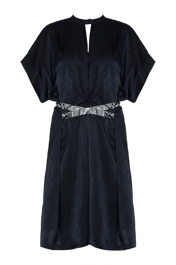 Black pleated dress with belt by House of Behram