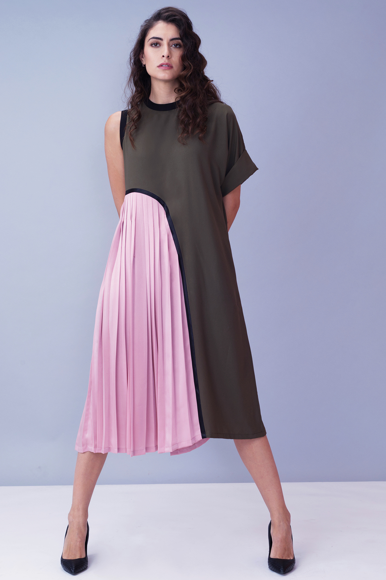 Olive Green Pleated Dress by House of Behram at Pernia's Pop Up Shop