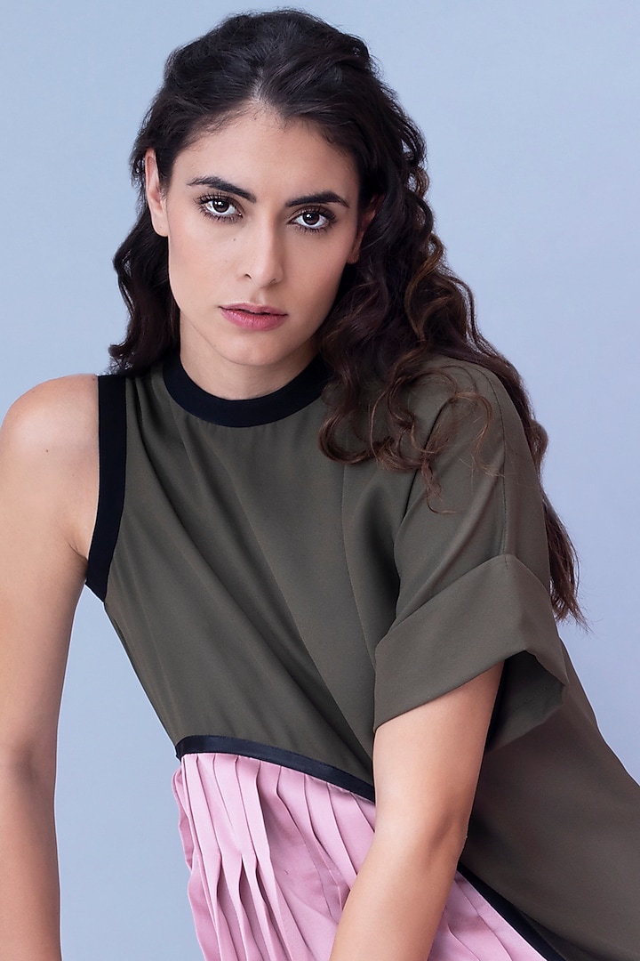 Olive Green Pleated Dress by House of Behram at Pernia's Pop Up Shop