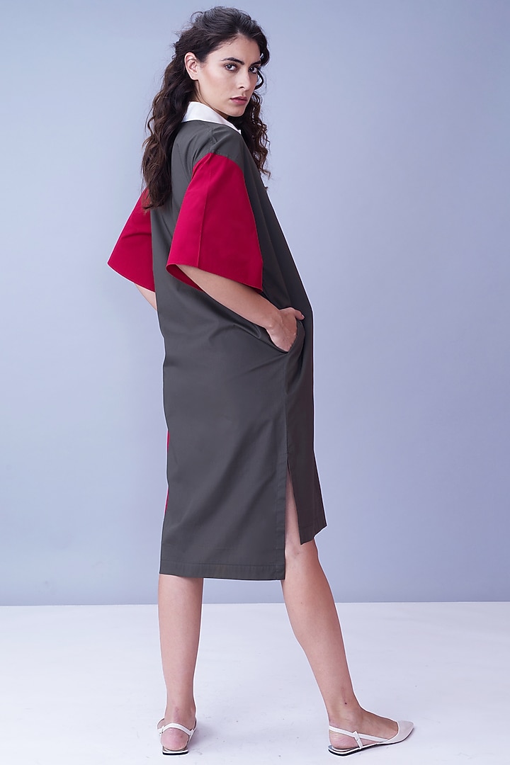 Olive Green Color Block Shirt Dress by House of Behram at Pernia's Pop Up Shop