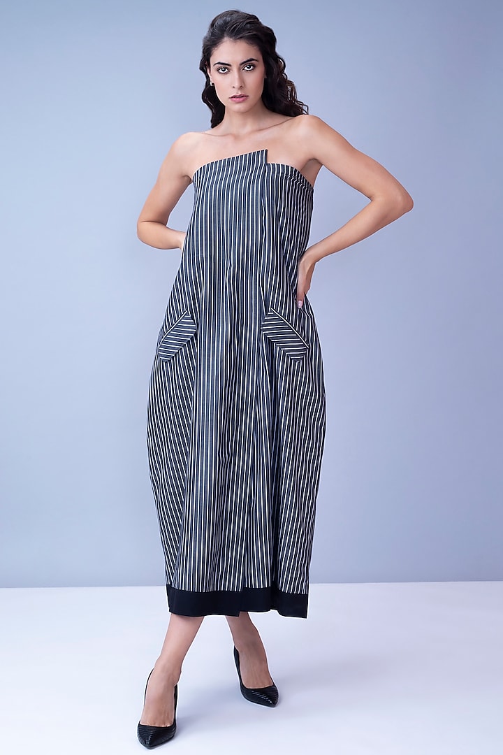 Grey & White Stripes Print Dress by House of Behram