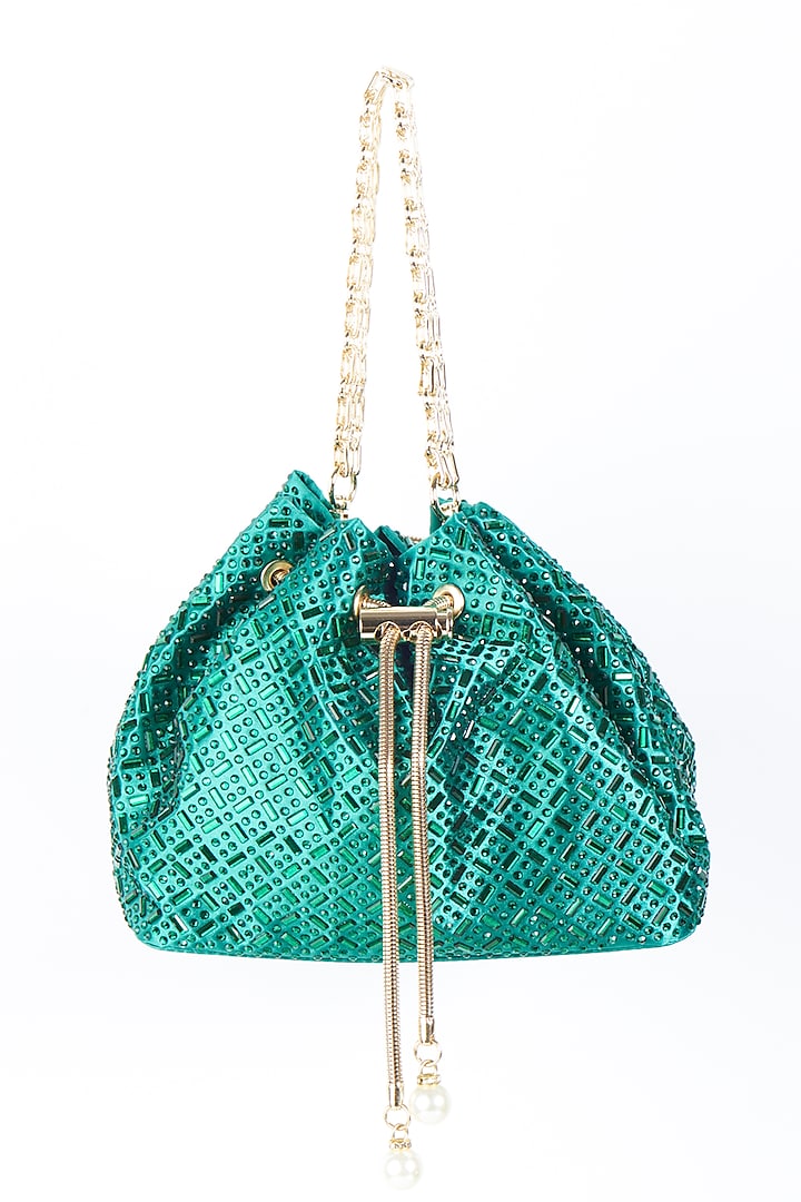 Green Crystal Embellished Potli With Chain by House of BIO by Ritti Khanna
