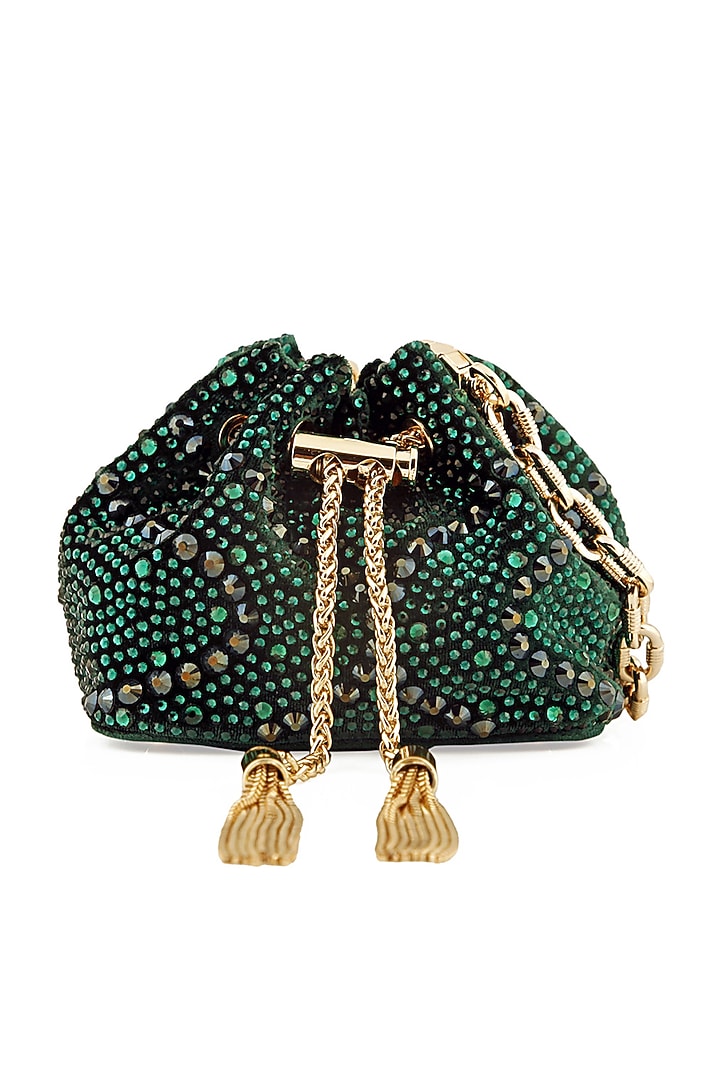 Emerald Velvet Crystal Bucket Bag by House of BIO by Ritti Khanna at Pernia's Pop Up Shop