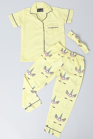 Light Yellow Rayon Blend Printed Pant Set For Girls by House Of Comfort - Kids