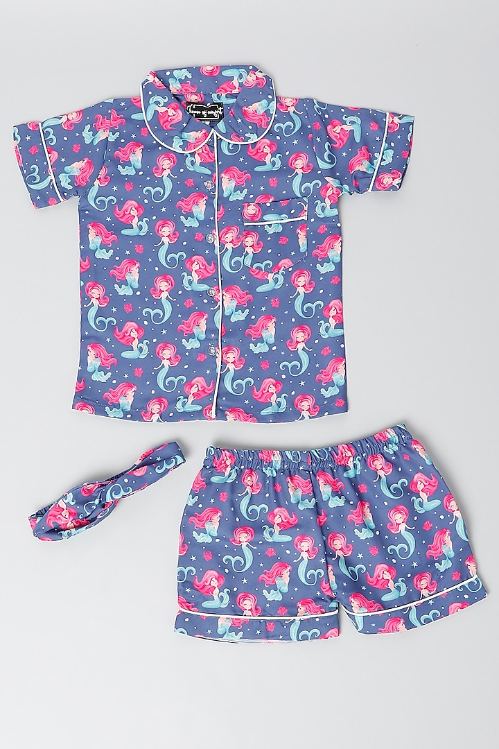 Cobalt Blue Rayon Blend Printed Co-Ord Set For Girls by House Of Comfort - Kids