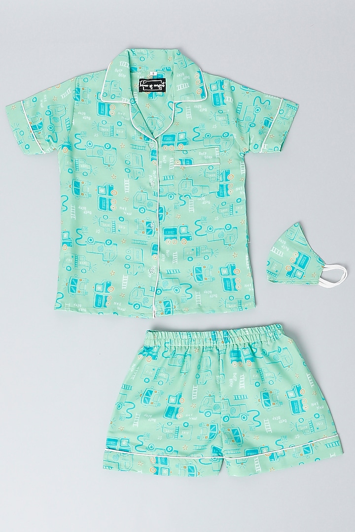Sky Blue Printed Co-Ord Set With Mask For Boys by House Of Comfort - Kids