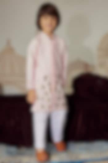 Light Pink Silk Floral Applique Embroidered Kurta Set For Boys by Hoity Moppet