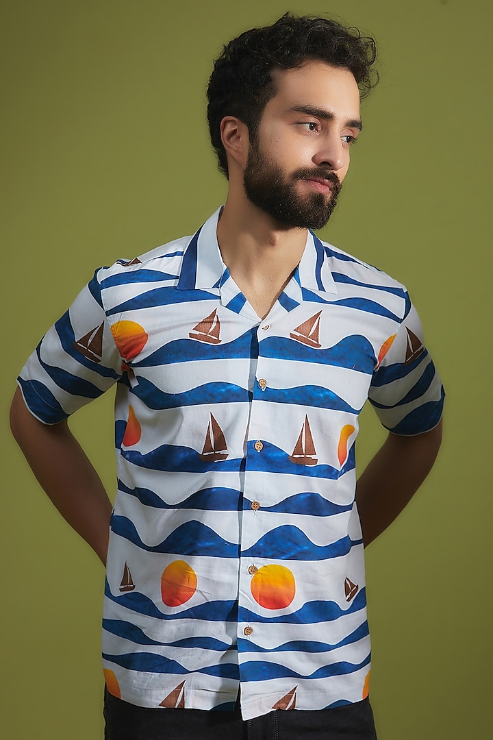Blue & White Pure Cotton Digital Printed Shirt by House of K.C