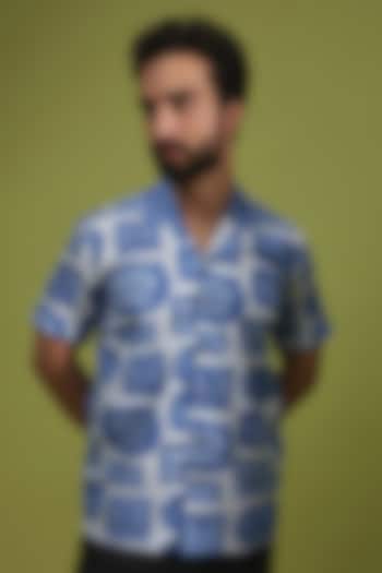 White & Blue Pure Cotton Digital Printed Wedding Shirt by House of K.C at Pernia's Pop Up Shop