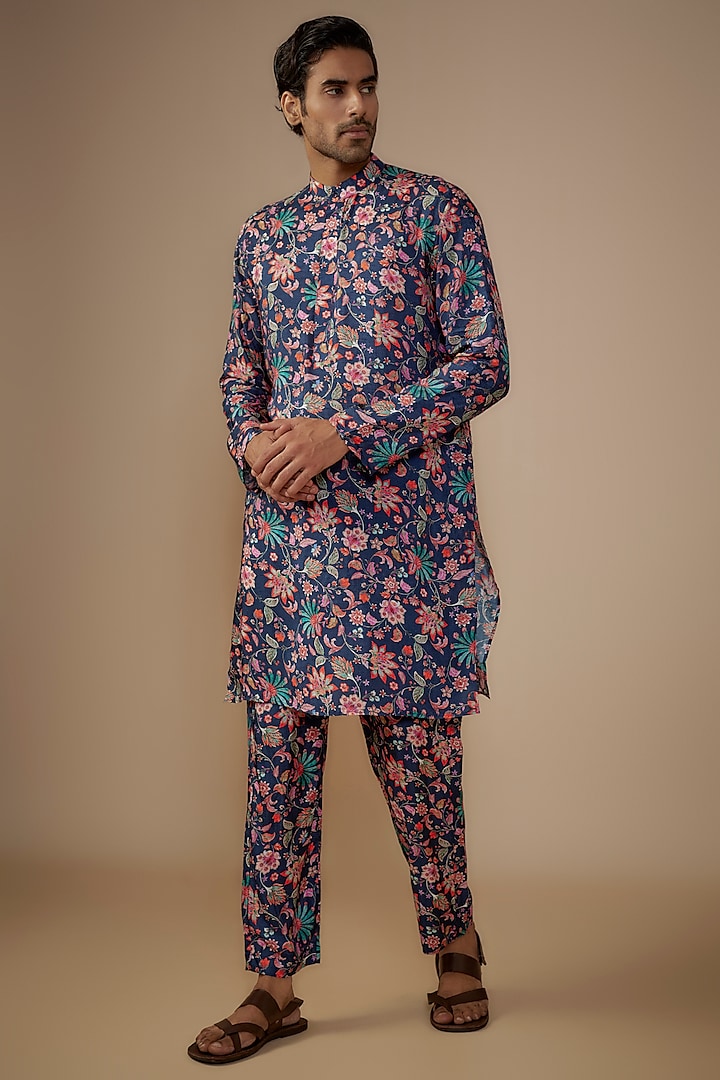 Blue Dola Silk Floral Printed Kurta Set by House of K.C at Pernia's Pop Up Shop