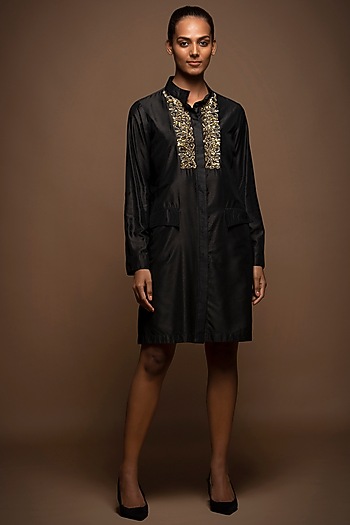 Black Viscose Silk Zardosi Embroidered Summer Dress by House of MANAA at Pernia's Pop Up Shop