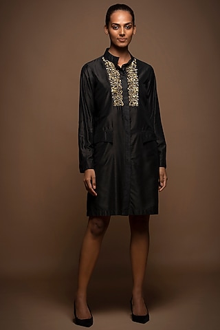Black Viscose Silk Zardosi Embroidered Dress by House of MANAA