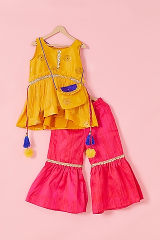 Magenta Bhagalpur Silk Sharara Set For Girls by Hoorkali