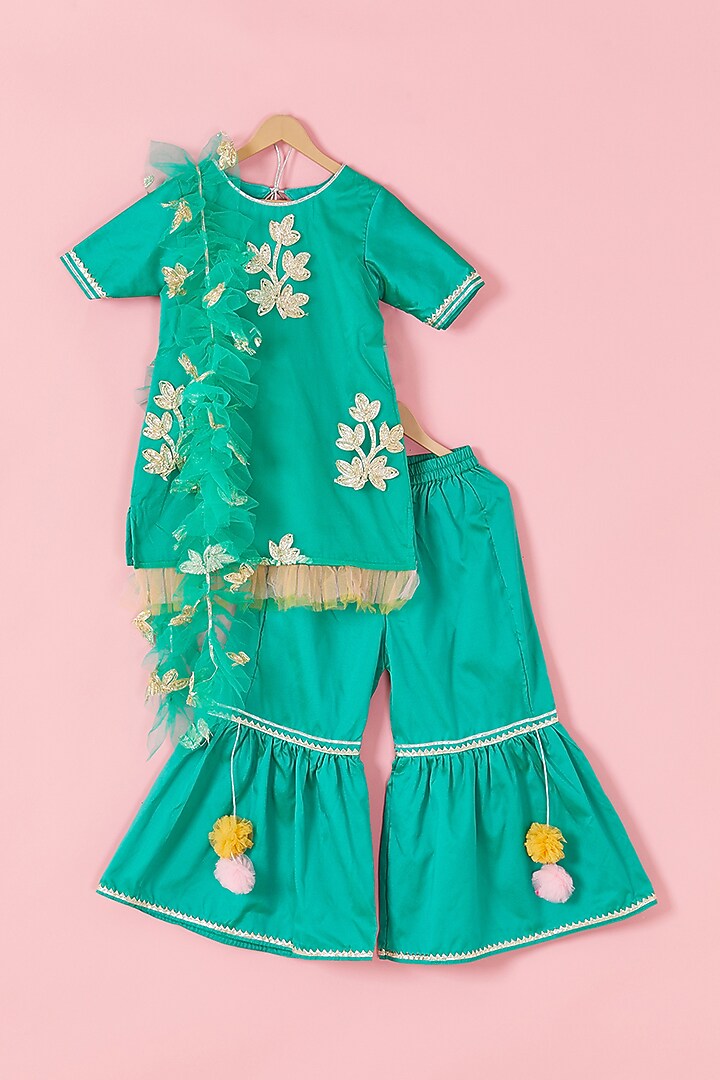 Turquoise Tafetta Sharara Set For Girls by Hoorkali at Pernia's Pop Up Shop