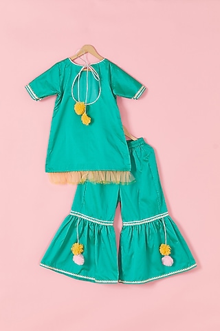 Turquoise Tafetta Sharara Set For Girls by Hoorkali
