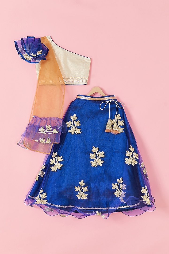 Royal Blue Embroidered Lehenga Set For Girls by Hoorkali