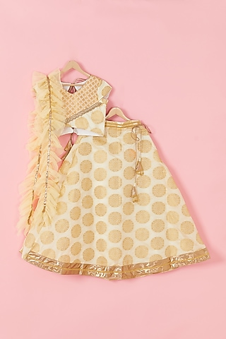 White & Gold Embroidered Lehenga Set For Girls by Hoorkali
