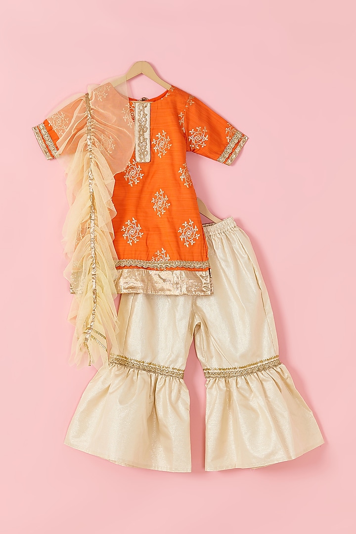 White Brocade & Net Sharara Set For Girls by Hoorkali at Pernia's Pop Up Shop
