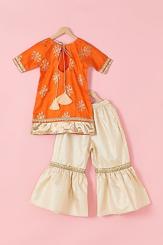 White Brocade & Net Sharara Set For Girls by Hoorkali