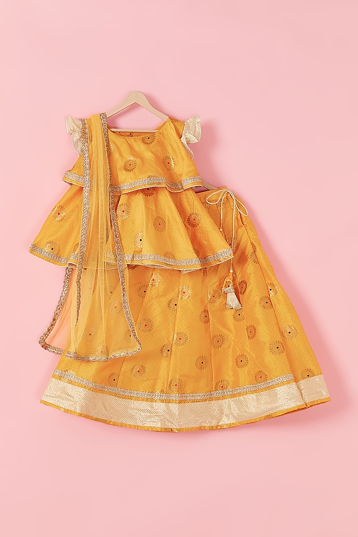Turmeric Yellow Geometric Floral Printed Lehenga Set For Girls by Hoorkali at Pernia's Pop Up Shop