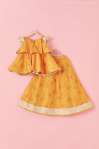 Turmeric Yellow Geometric Floral Printed Lehenga Set For Girls by Hoorkali